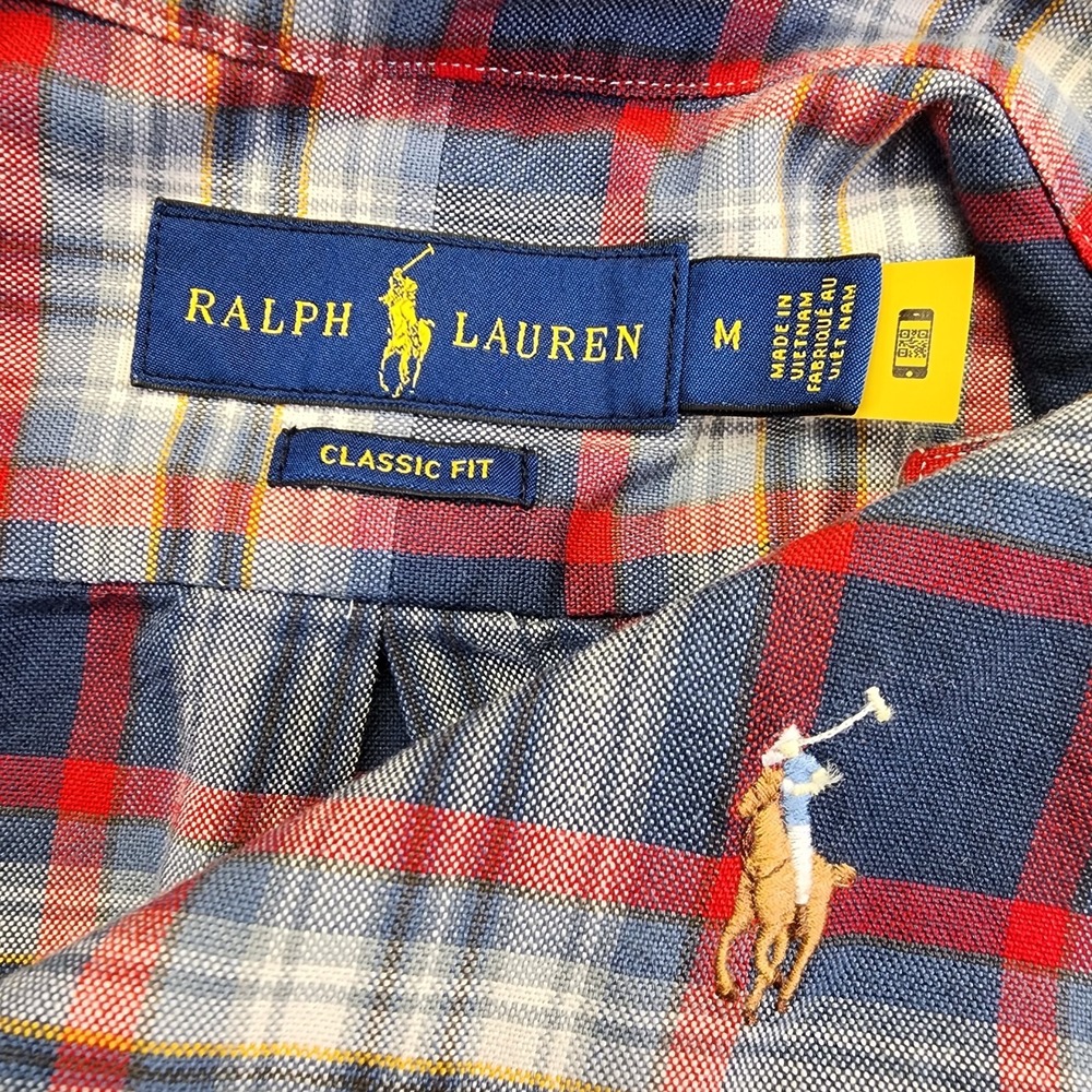Ralph Lauren Mens M Gray Red Classic Fit Oxford Plaid Long Sleeve Button Shirt